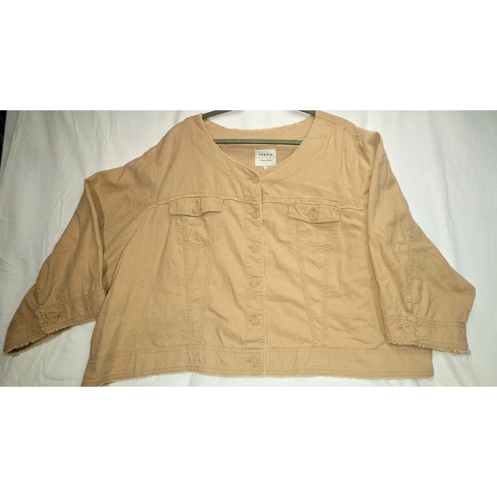 Torrid Tan Linen Blend Button Front Raw Hem Crop Jacket Plus Sz. 6 Khaki Utility